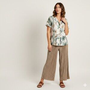 Izuria Womens Botanical Hibiscus Tropical Coastal Safari Blouse 1XL Off White